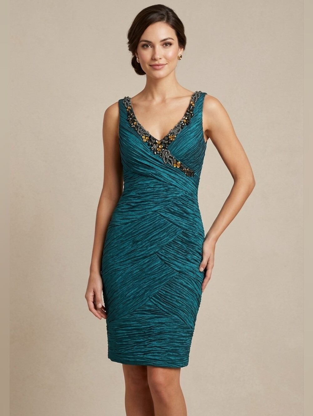 Women's Teal Blue Ruched Beaded V-Neck Embellished Sheath Cocktail Dress Small